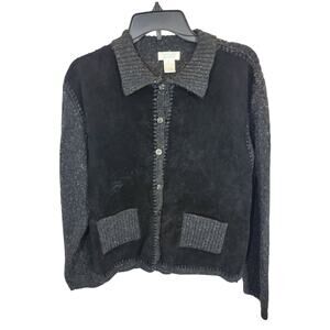 Christopher & Banks Black Leather Panel Knit Cardigan Sweater Women's Size XL